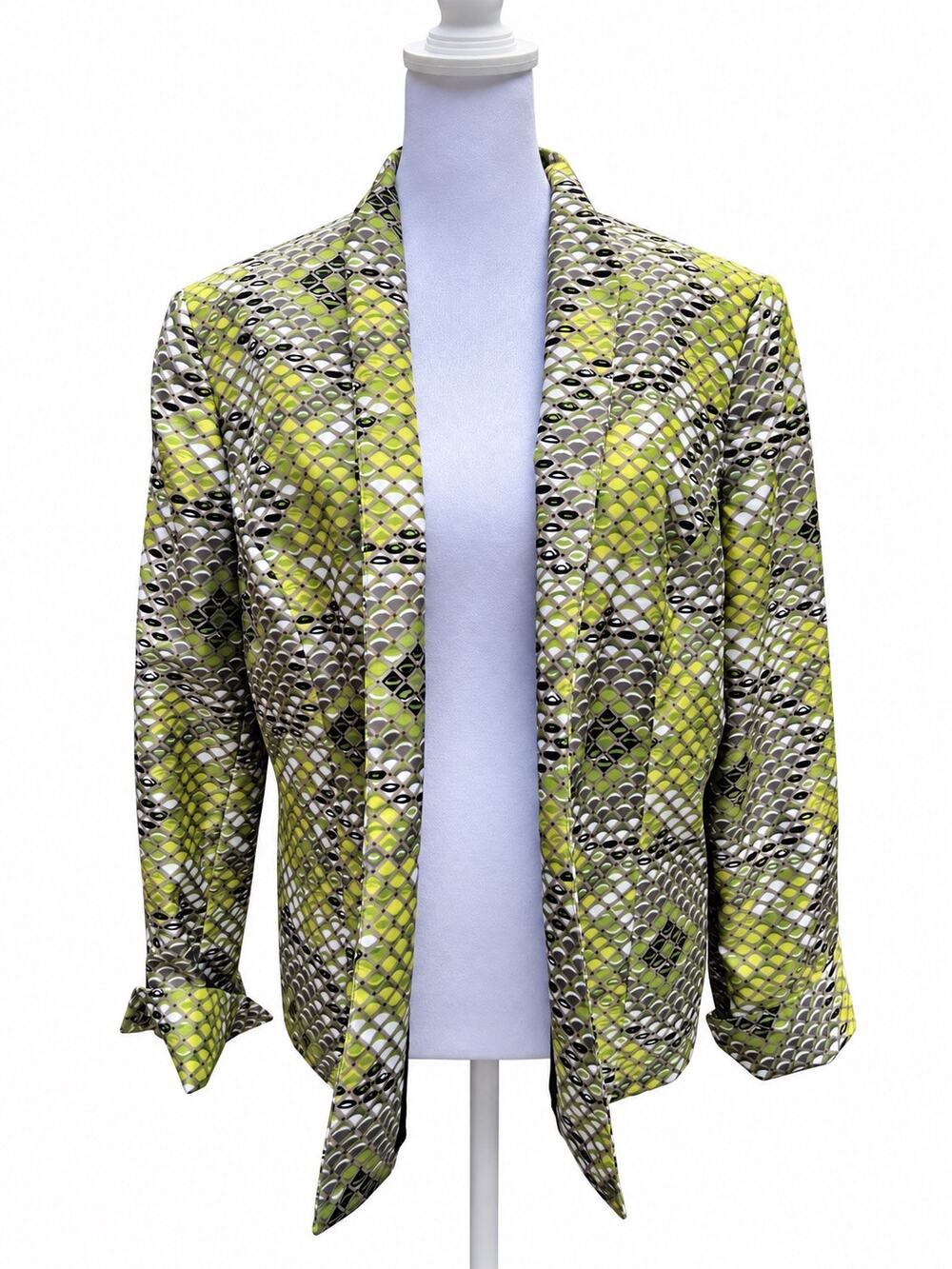 Kasper Separates Size 14 Green Geometric Open Front Blazer Jacket
